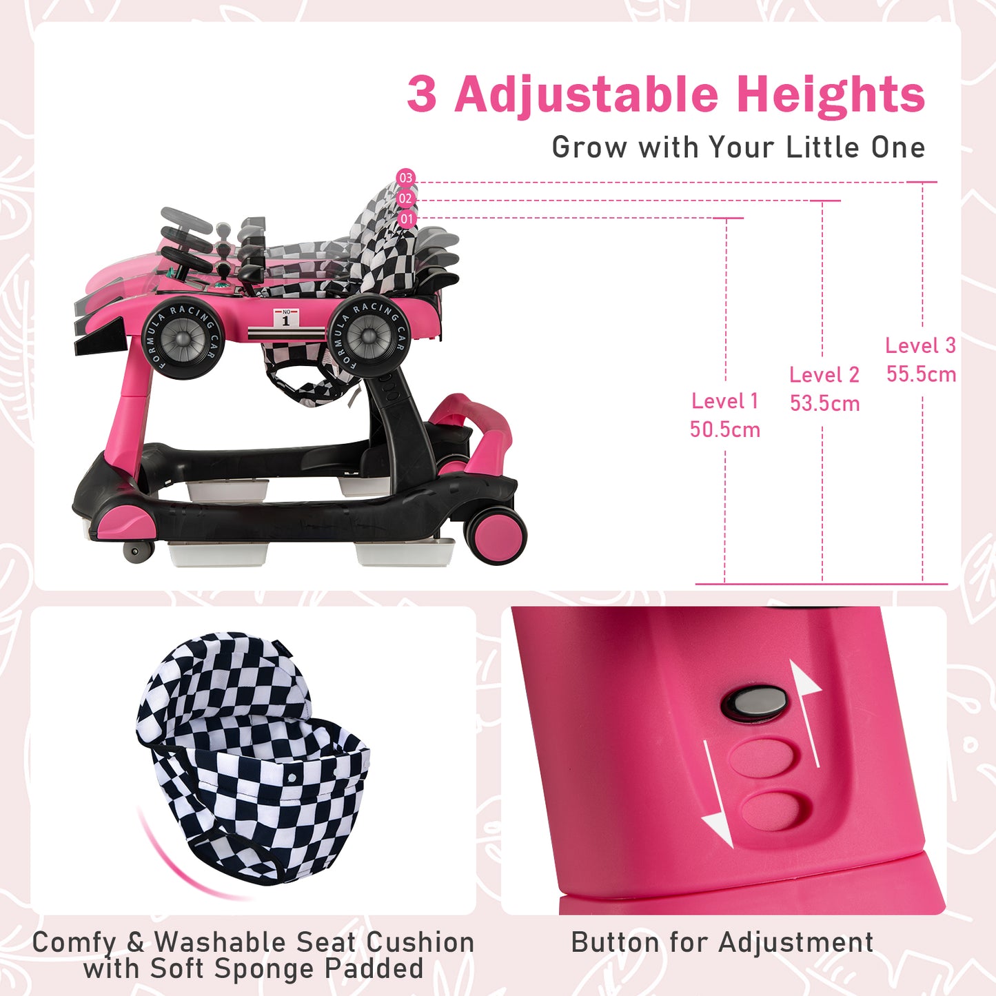 4-in-1 Foldable Activity Car Walker with Adjustable Height and Speed-Light Pink