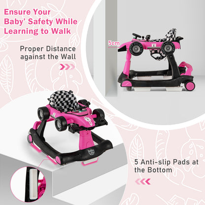 4-in-1 Foldable Activity Car Walker with Adjustable Height and Speed-Light Pink