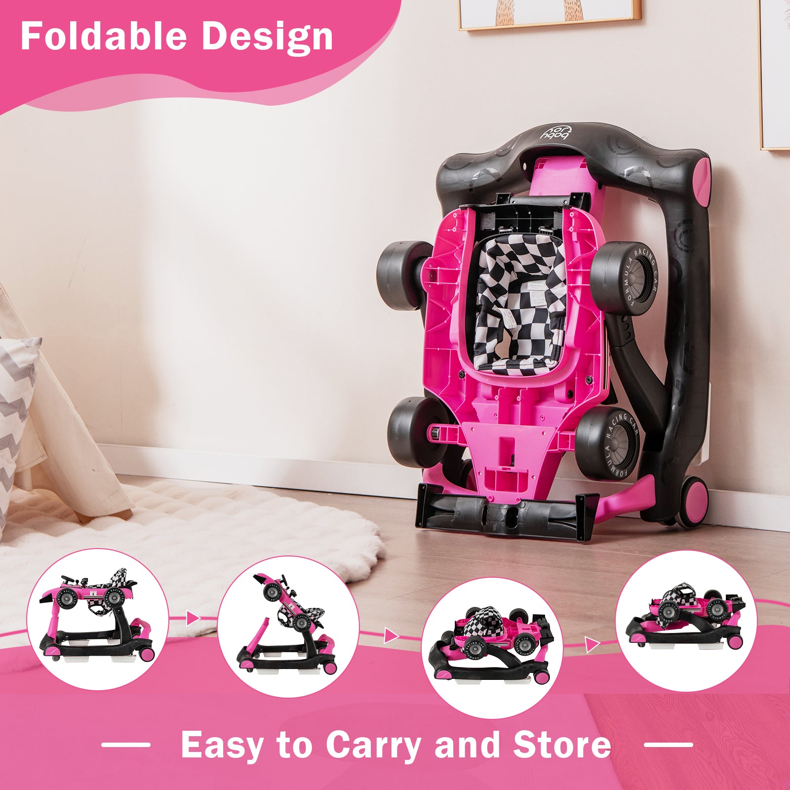 4-in-1 Foldable Activity Car Walker with Adjustable Height and Speed-Light Pink