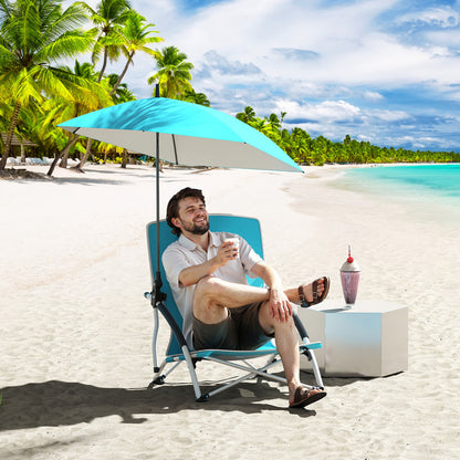 Foldable Beach Umbrella Chair with Adjustable Parasol and Universal Umbrella Clamp-Blue