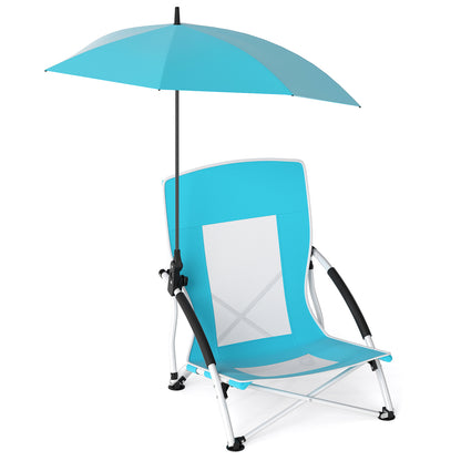 Foldable Beach Umbrella Chair with Adjustable Parasol and Universal Umbrella Clamp-Blue