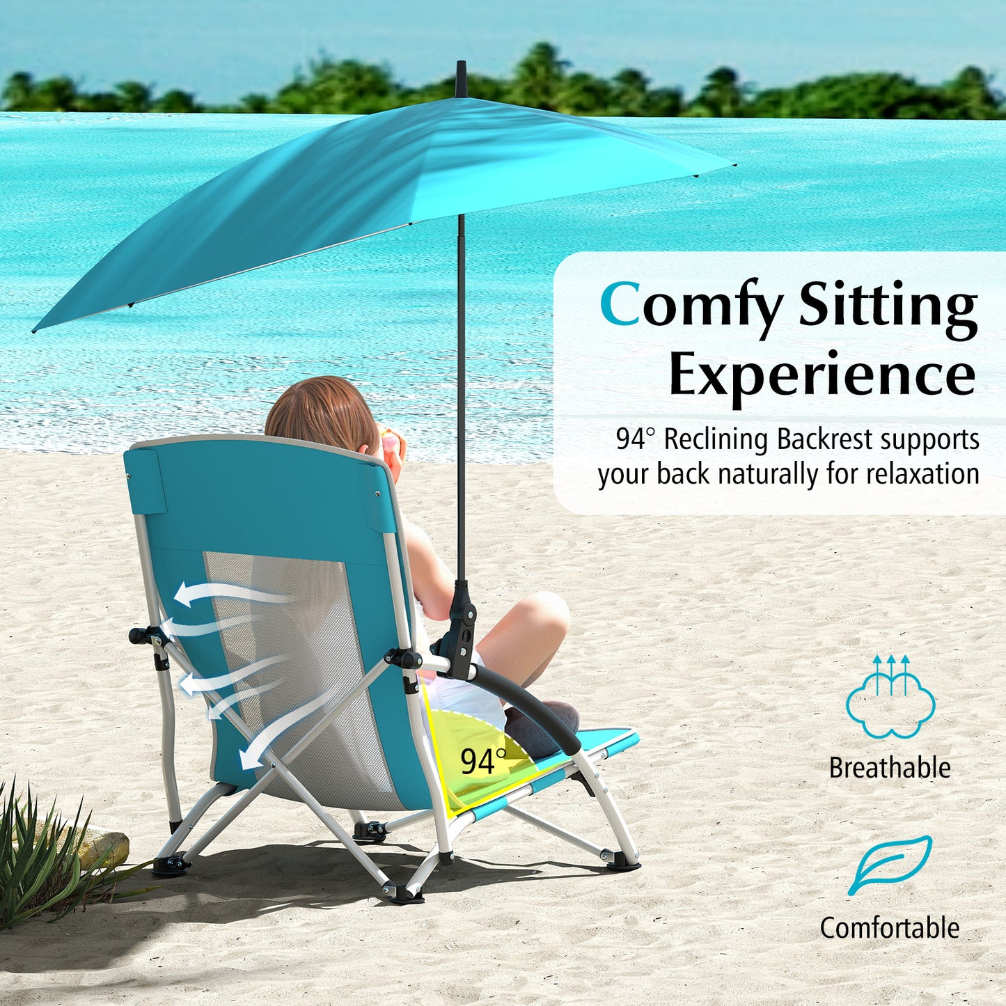Foldable Beach Umbrella Chair with Adjustable Parasol and Universal Umbrella Clamp-Blue