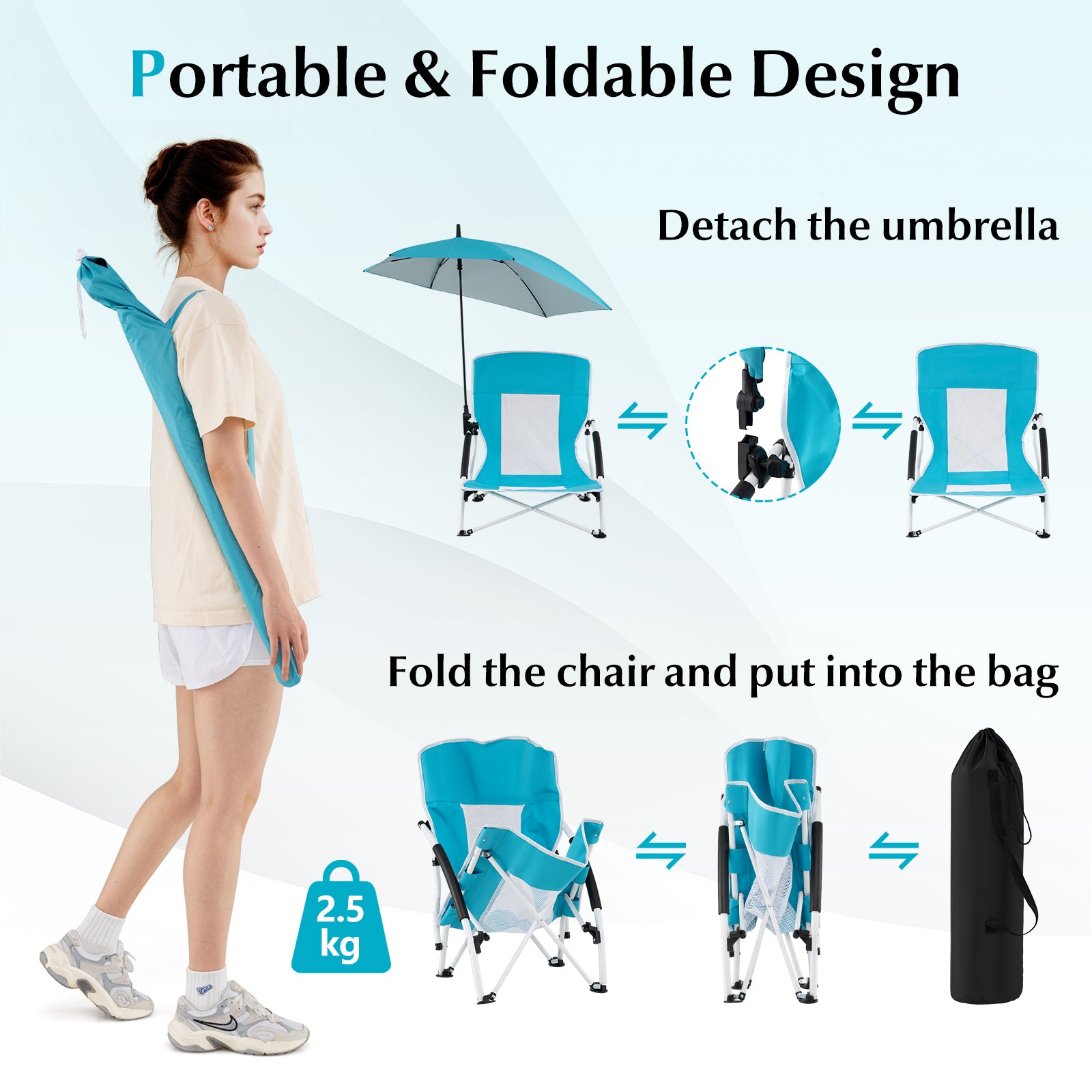 Foldable Beach Umbrella Chair with Adjustable Parasol and Universal Umbrella Clamp-Blue