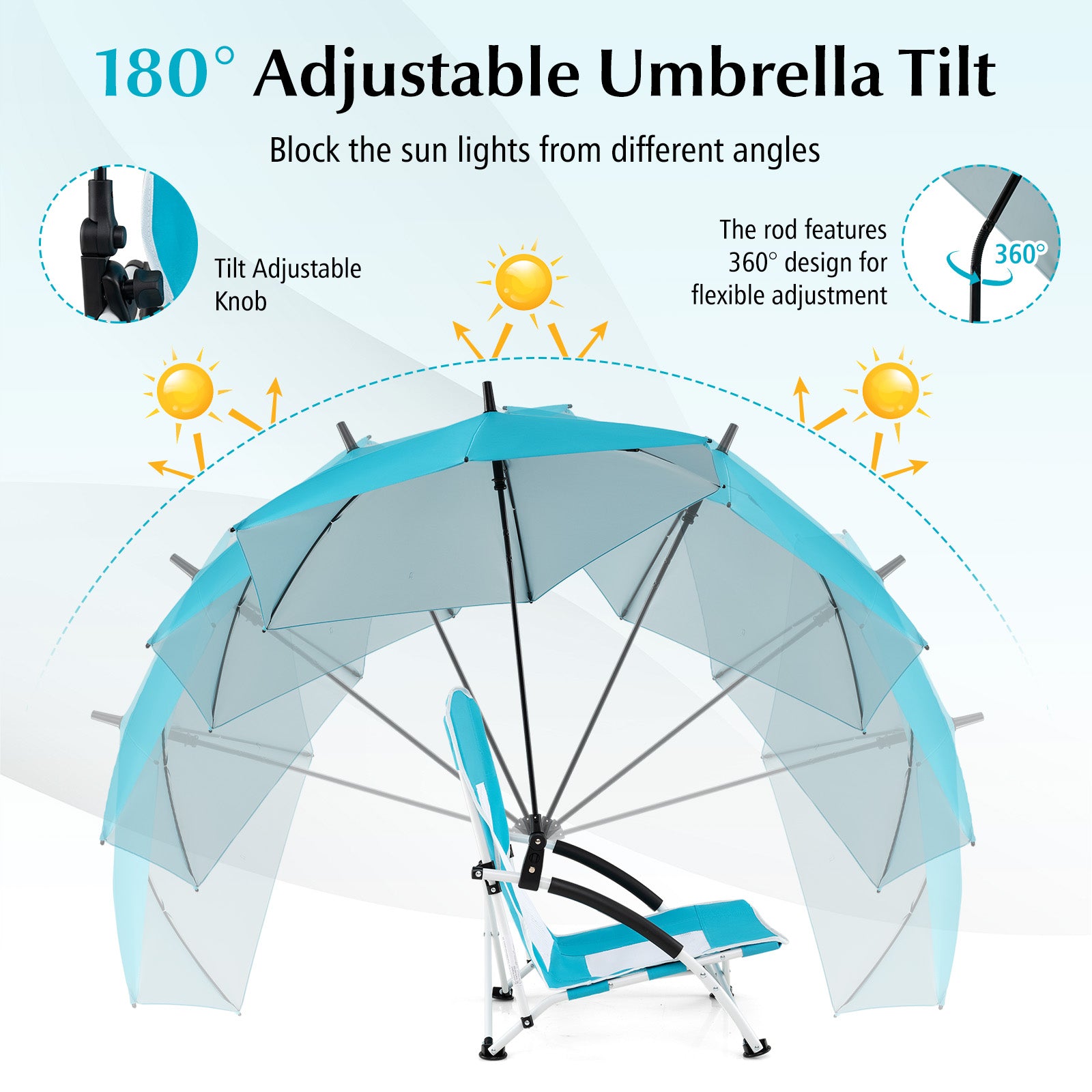 Foldable Beach Umbrella Chair with Adjustable Parasol and Universal Umbrella Clamp-Blue