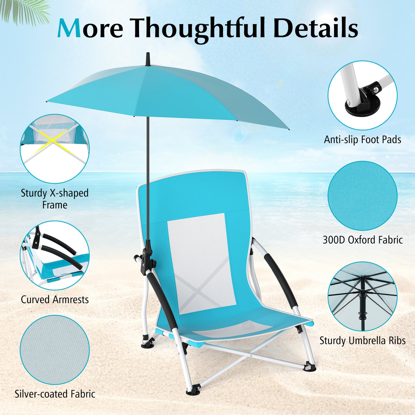 Foldable Beach Umbrella Chair with Adjustable Parasol and Universal Umbrella Clamp-Blue