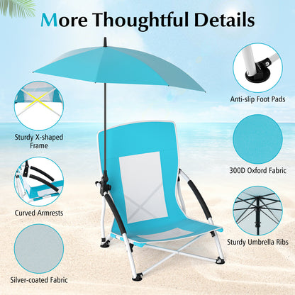 Foldable Beach Umbrella Chair with Adjustable Parasol and Universal Umbrella Clamp-Blue