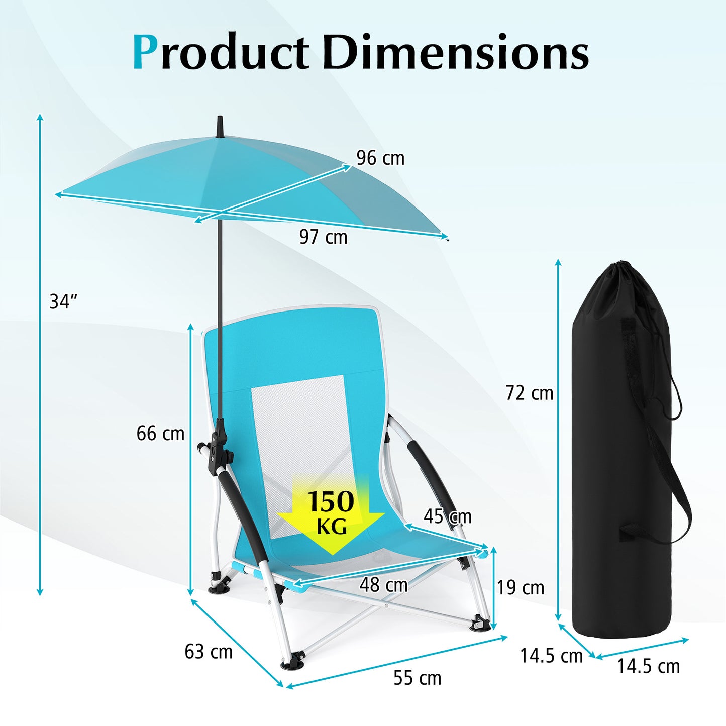 Foldable Beach Umbrella Chair with Adjustable Parasol and Universal Umbrella Clamp-Blue