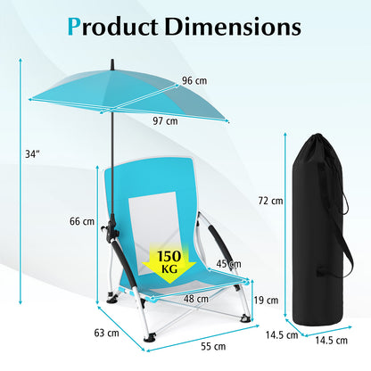 Foldable Beach Umbrella Chair with Adjustable Parasol and Universal Umbrella Clamp-Blue