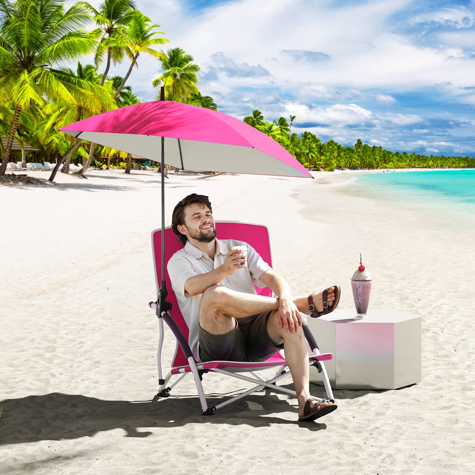 Foldable Beach Umbrella Chair with Adjustable Parasol and Universal Umbrella Clamp-Pink