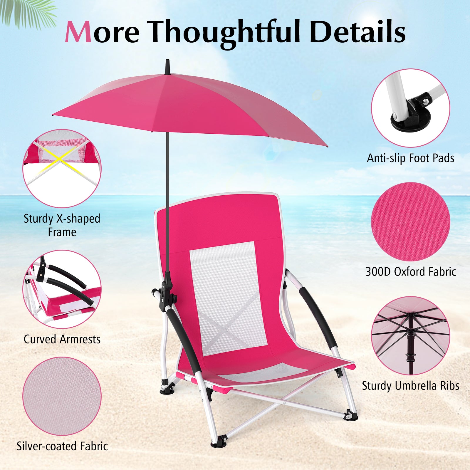 Foldable Beach Umbrella Chair with Adjustable Parasol and Universal Umbrella Clamp-Pink