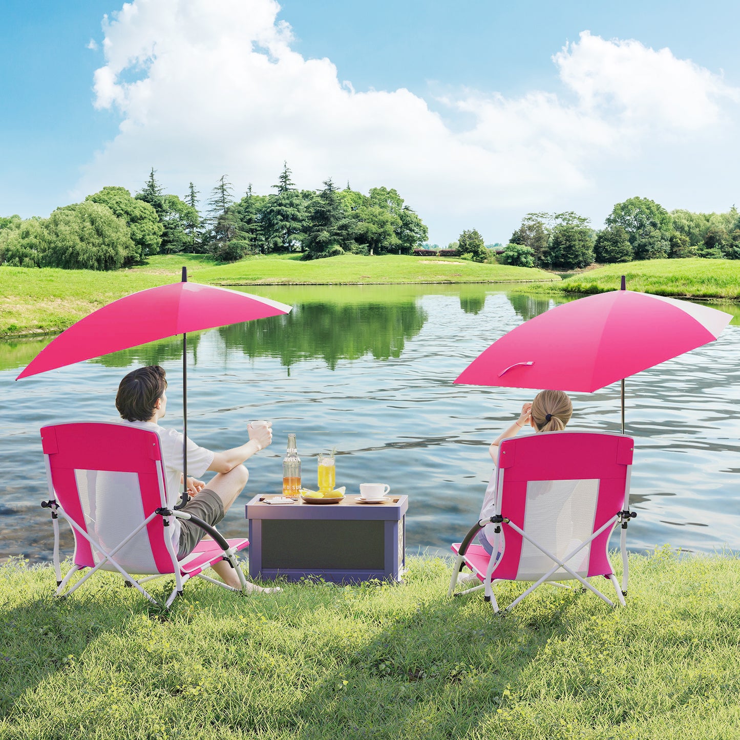 Foldable Beach Umbrella Chair with Adjustable Parasol and Universal Umbrella Clamp-Pink