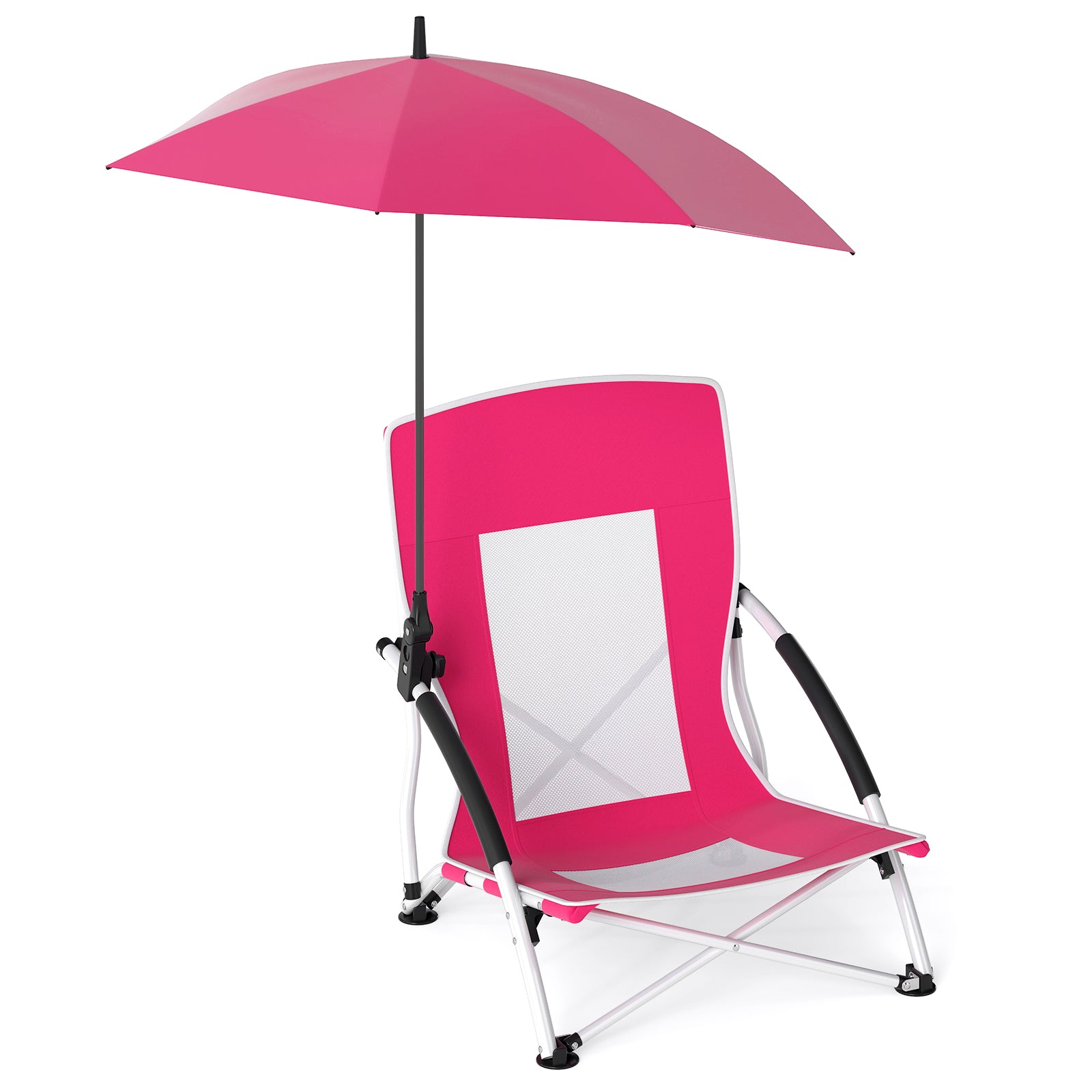 Foldable Beach Umbrella Chair with Adjustable Parasol and Universal Umbrella Clamp-Pink
