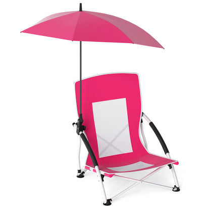Foldable Beach Umbrella Chair with Adjustable Parasol and Universal Umbrella Clamp-Pink