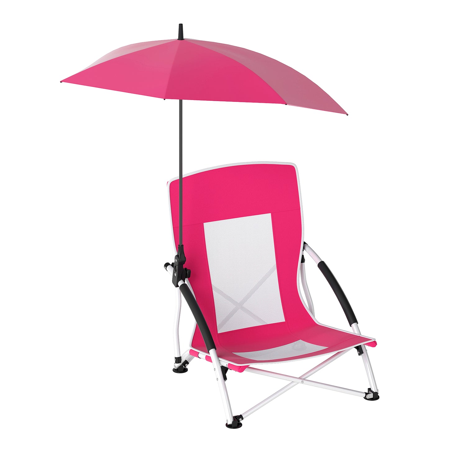 Foldable Beach Umbrella Chair with Adjustable Parasol and Universal Umbrella Clamp-Pink