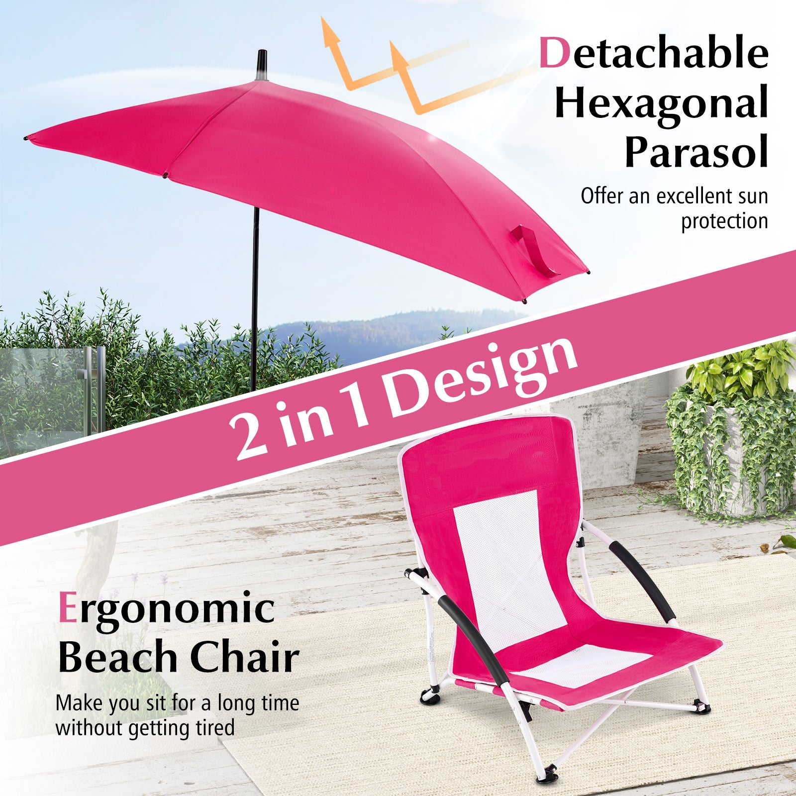 Foldable Beach Umbrella Chair with Adjustable Parasol and Universal Umbrella Clamp-Pink