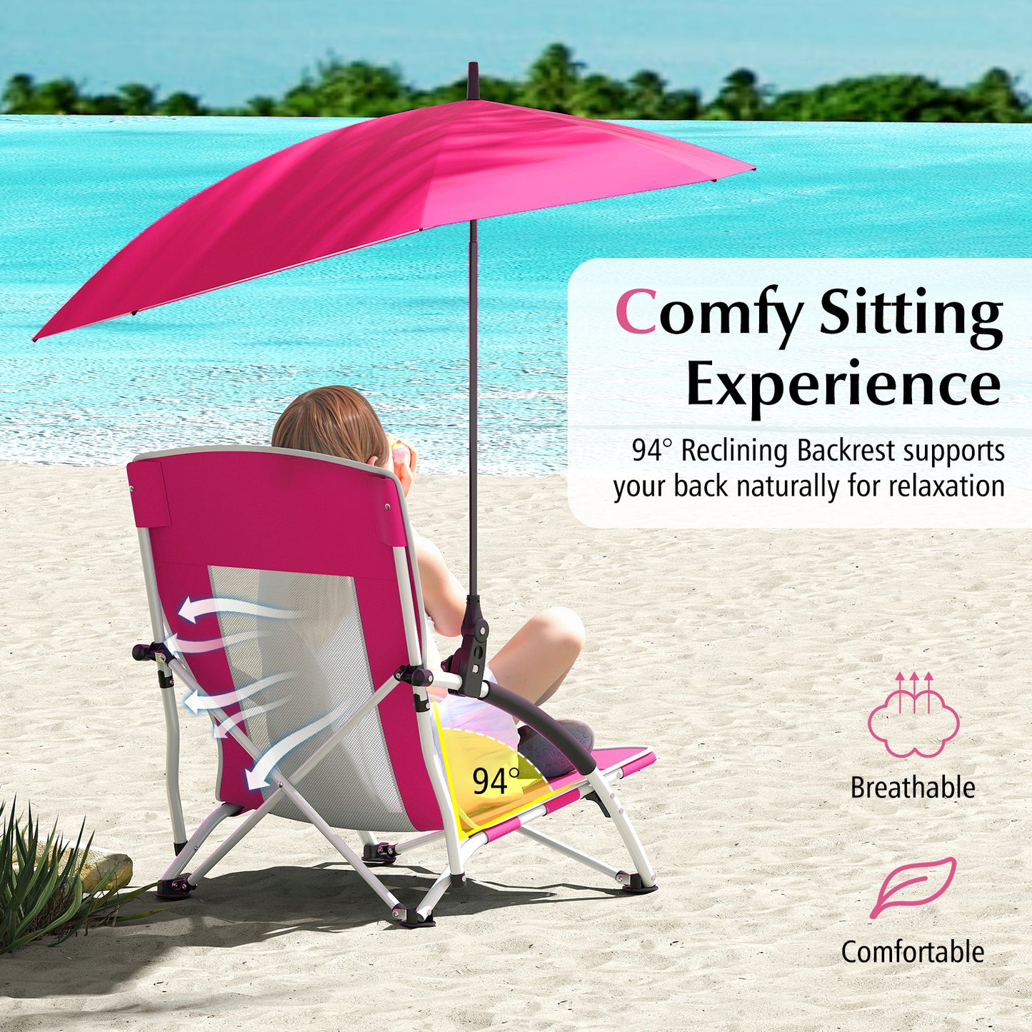 Foldable Beach Umbrella Chair with Adjustable Parasol and Universal Umbrella Clamp-Pink