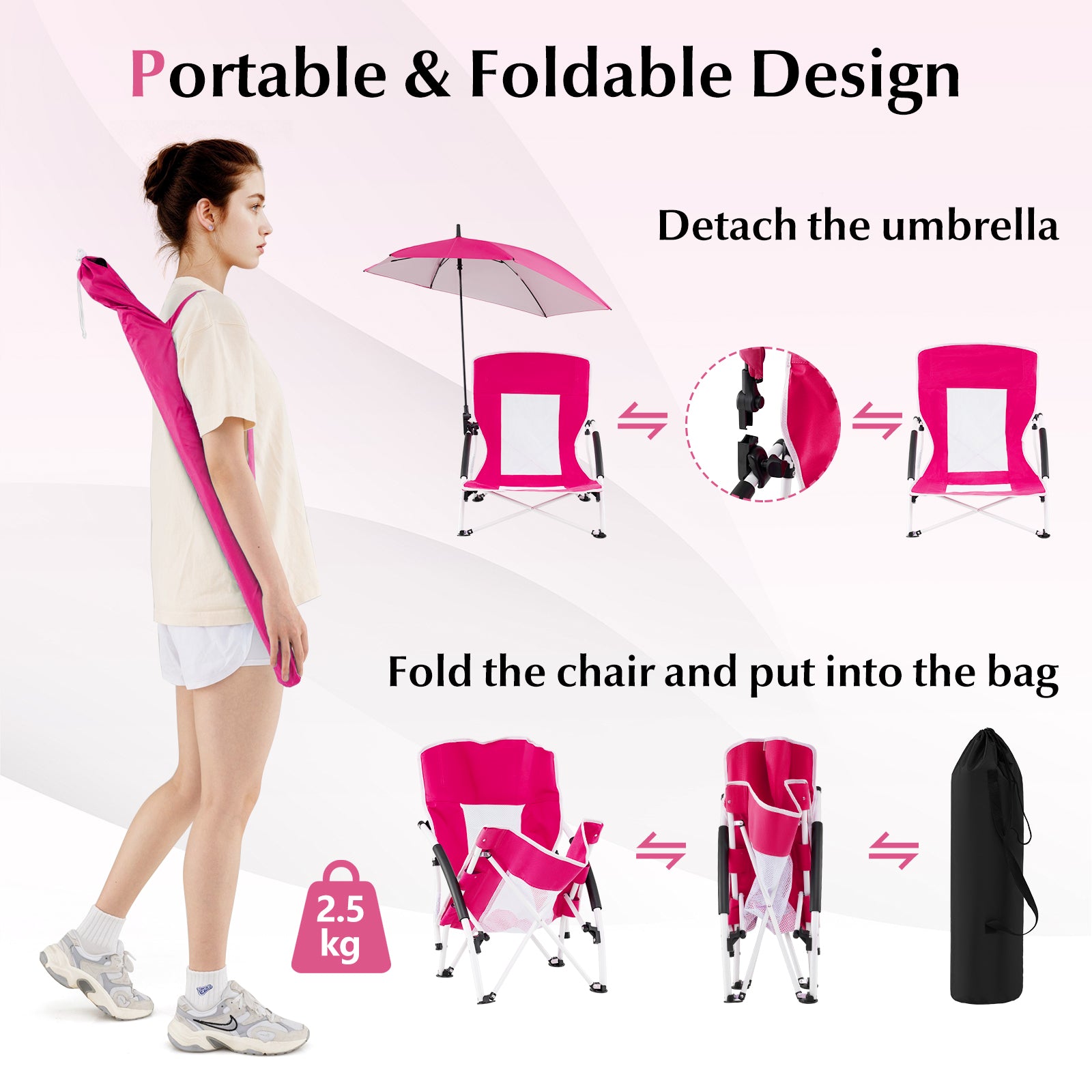 Foldable Beach Umbrella Chair with Adjustable Parasol and Universal Umbrella Clamp-Pink