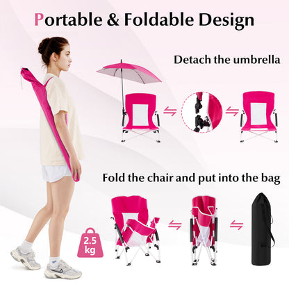 Foldable Beach Umbrella Chair with Adjustable Parasol and Universal Umbrella Clamp-Pink