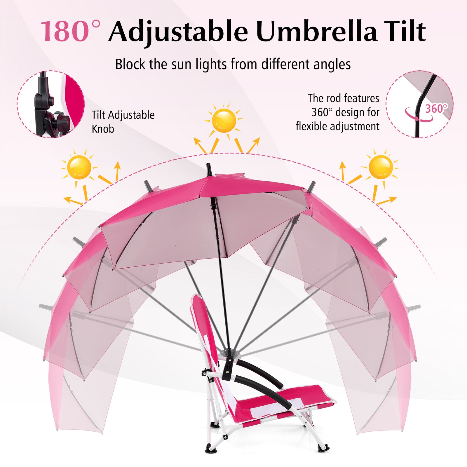 Foldable Beach Umbrella Chair with Adjustable Parasol and Universal Umbrella Clamp-Pink