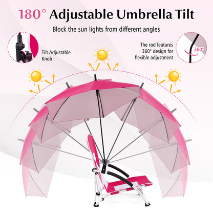 Foldable Beach Umbrella Chair with Adjustable Parasol and Universal Umbrella Clamp-Pink