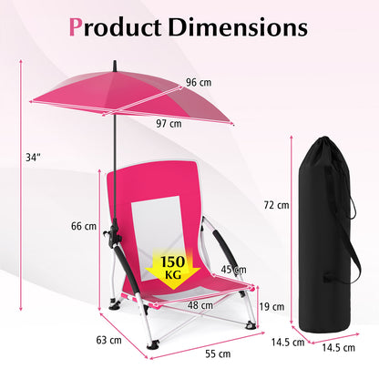 Foldable Beach Umbrella Chair with Adjustable Parasol and Universal Umbrella Clamp-Pink