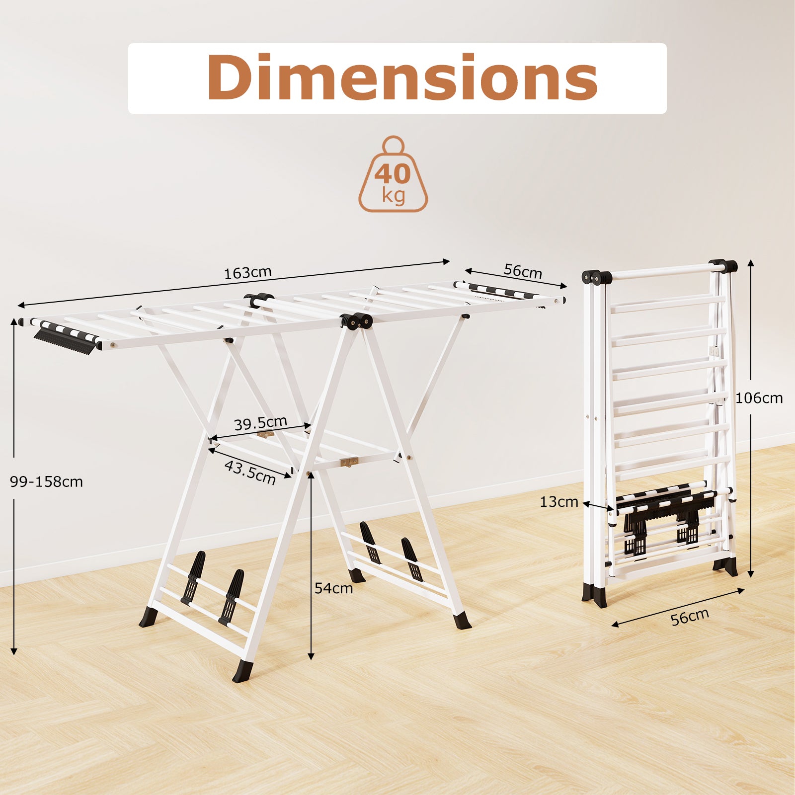 160cm Clothes Drying Rack Foldable Metal Laundry Drying Rack with 18 Drying Rails-White