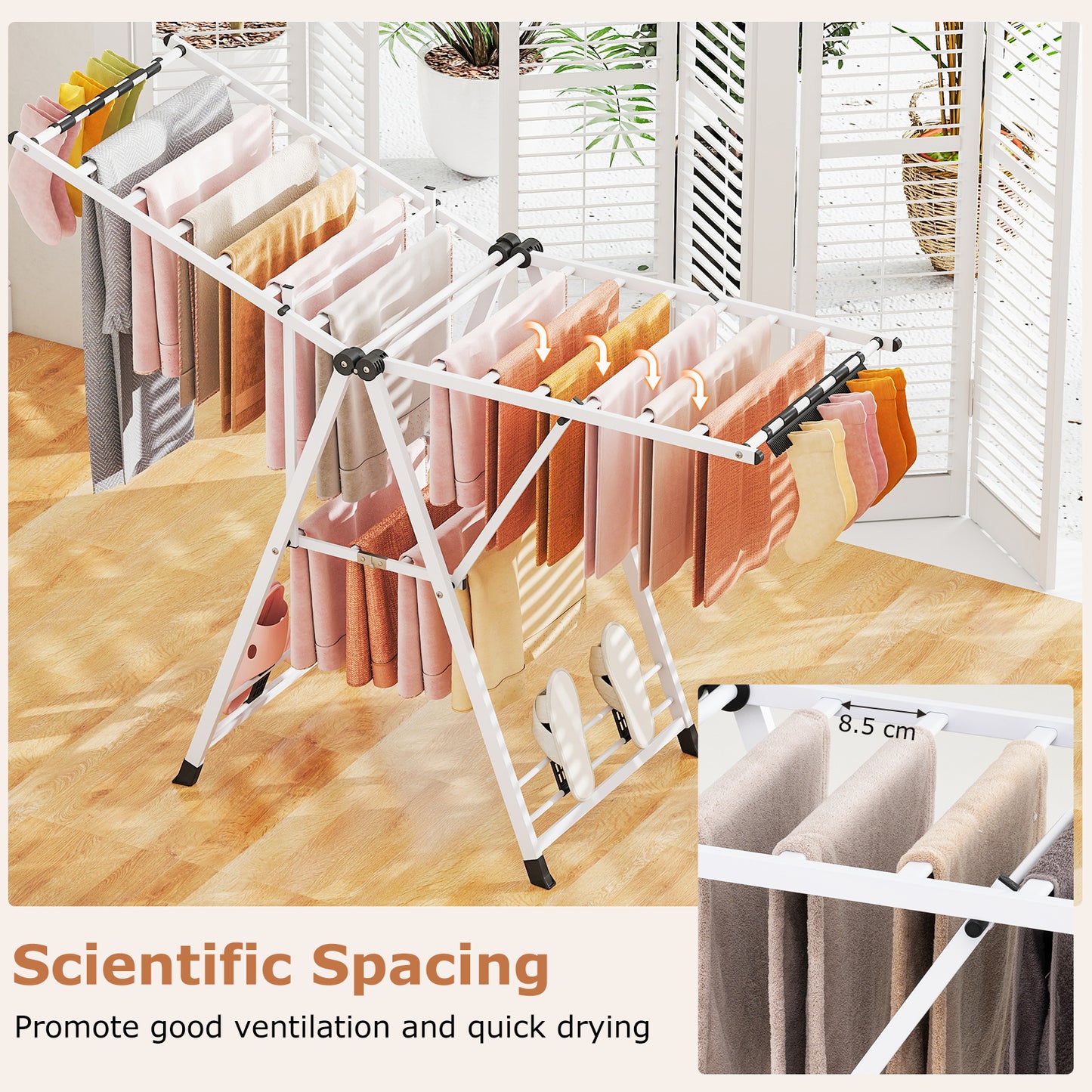 160cm Clothes Drying Rack Foldable Metal Laundry Drying Rack with 18 Drying Rails-White