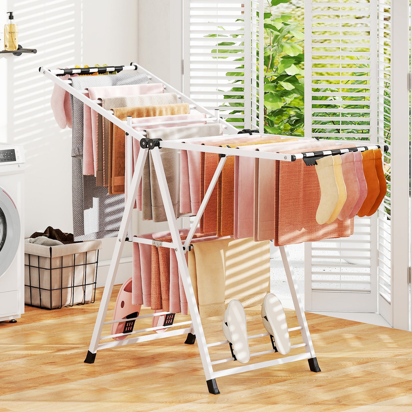 160cm Clothes Drying Rack Foldable Metal Laundry Drying Rack with 18 Drying Rails-White