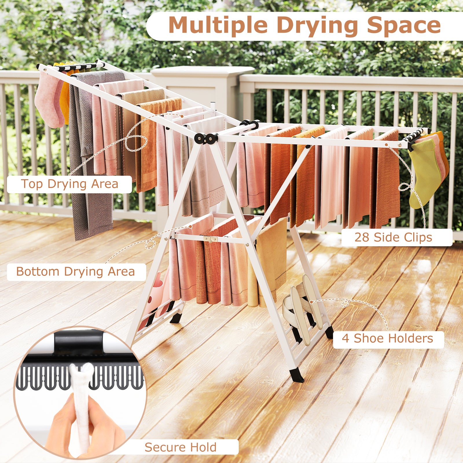 160cm Clothes Drying Rack Foldable Metal Laundry Drying Rack with 18 Drying Rails-White