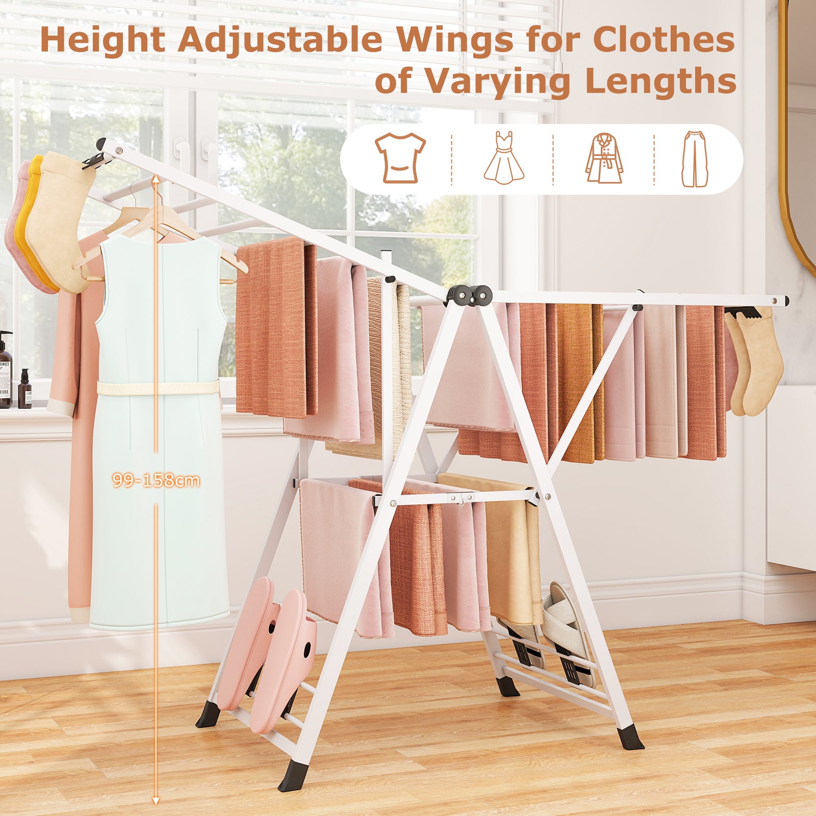 160cm Clothes Drying Rack Foldable Metal Laundry Drying Rack with 18 Drying Rails-White