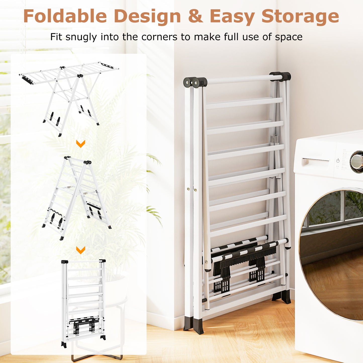 160cm Clothes Drying Rack Foldable Metal Laundry Drying Rack with 18 Drying Rails-White