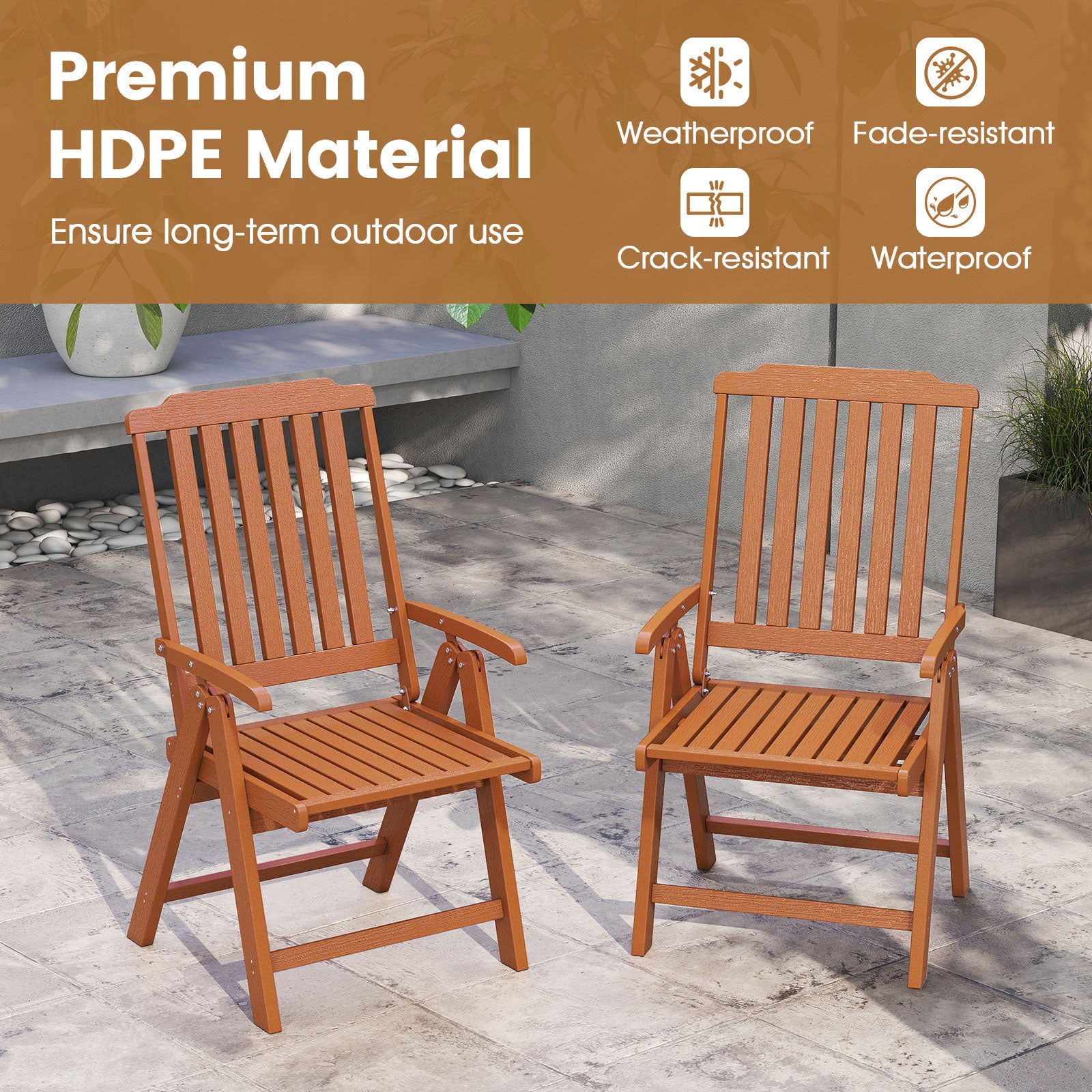 Foldable Patio All-Weather HDPE Outdoor Dining Chair with Armrest-Brown