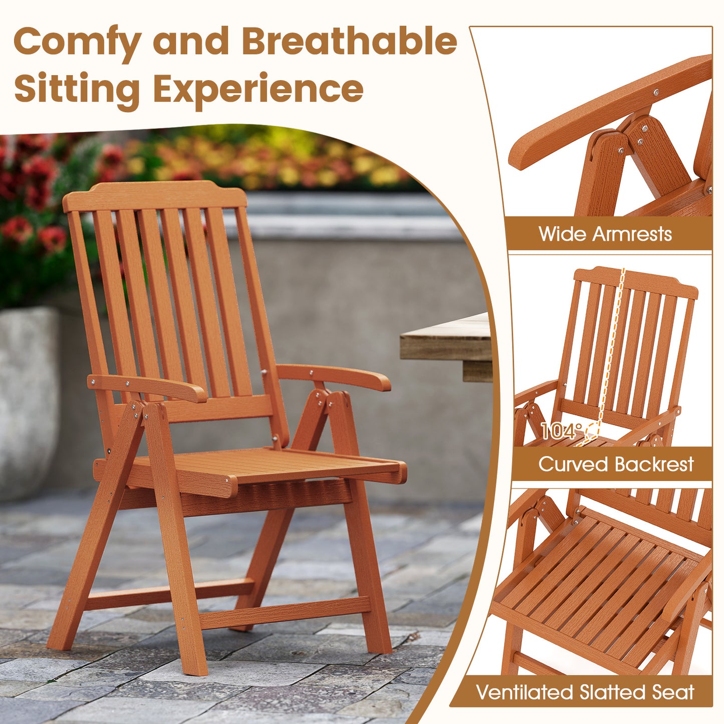 Foldable Patio All-Weather HDPE Outdoor Dining Chair with Armrest-Brown