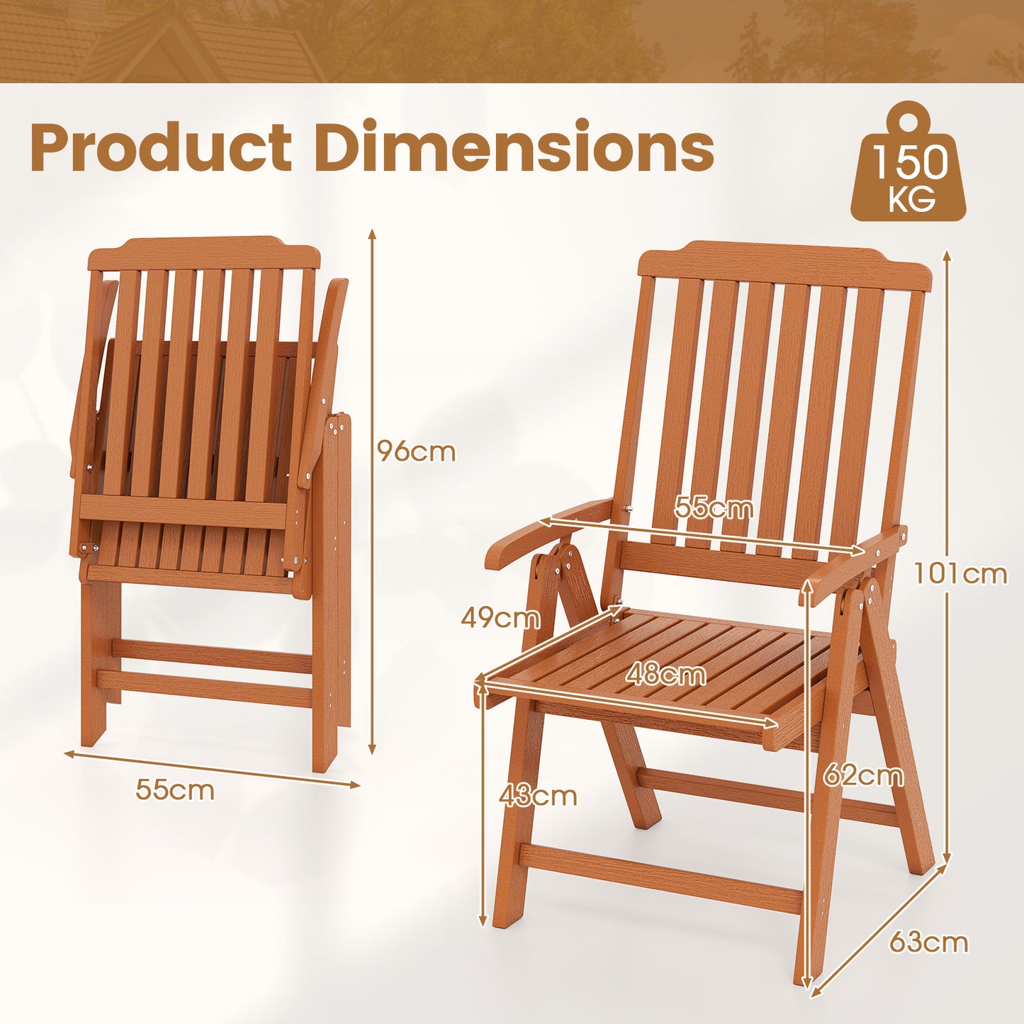 Foldable Patio All-Weather HDPE Outdoor Dining Chair with Armrest-Brown
