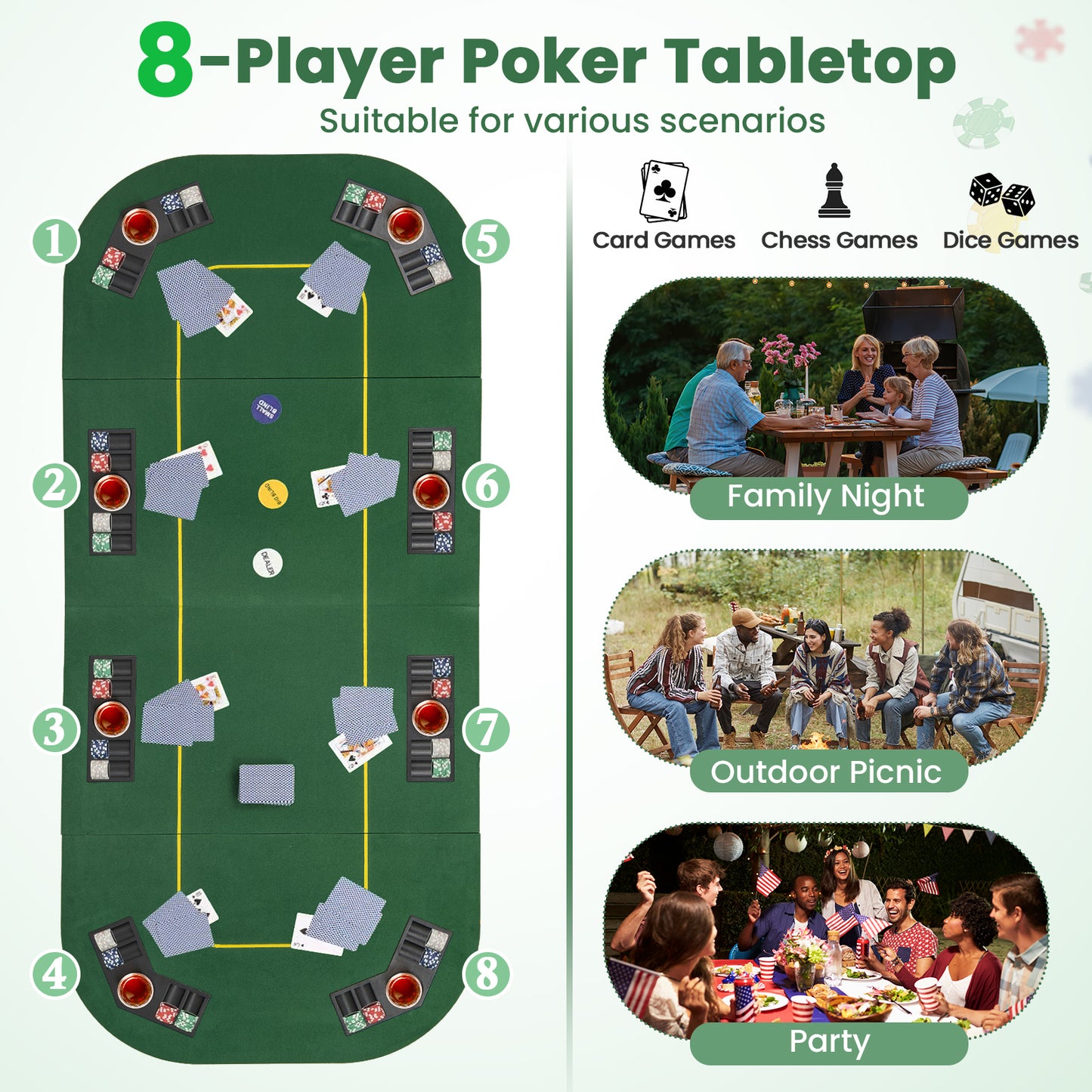 201 x 90 CM 8-Player Foldable Poker Table Top Texas Hold'em Poker Card Tabletop Layout-Green