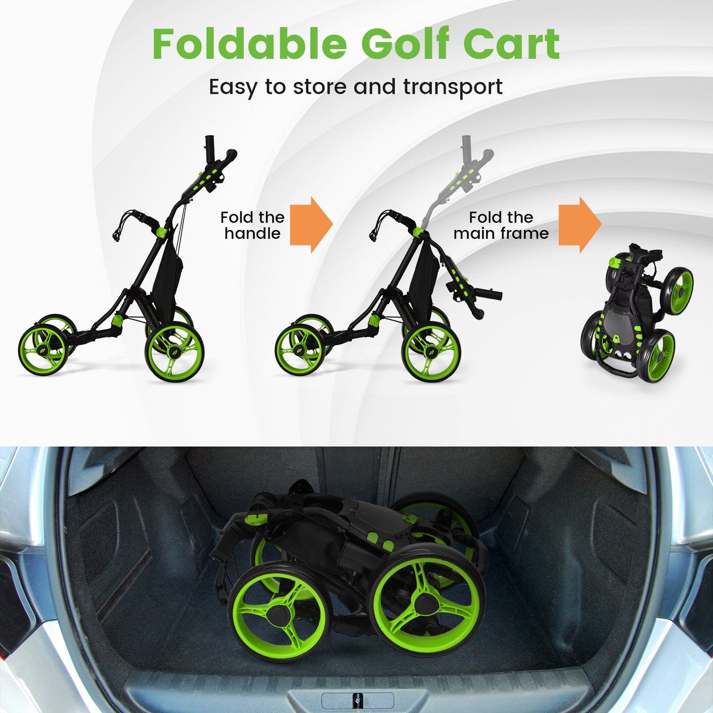 Folding 4 Wheel Golf Push Cart with Cooler Bag and Ample Storage Space-Green