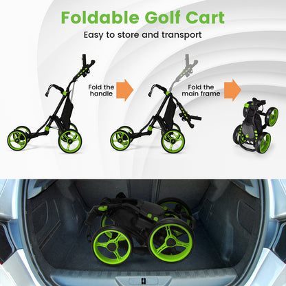 Folding 4 Wheel Golf Push Cart with Cooler Bag and Ample Storage Space-Green