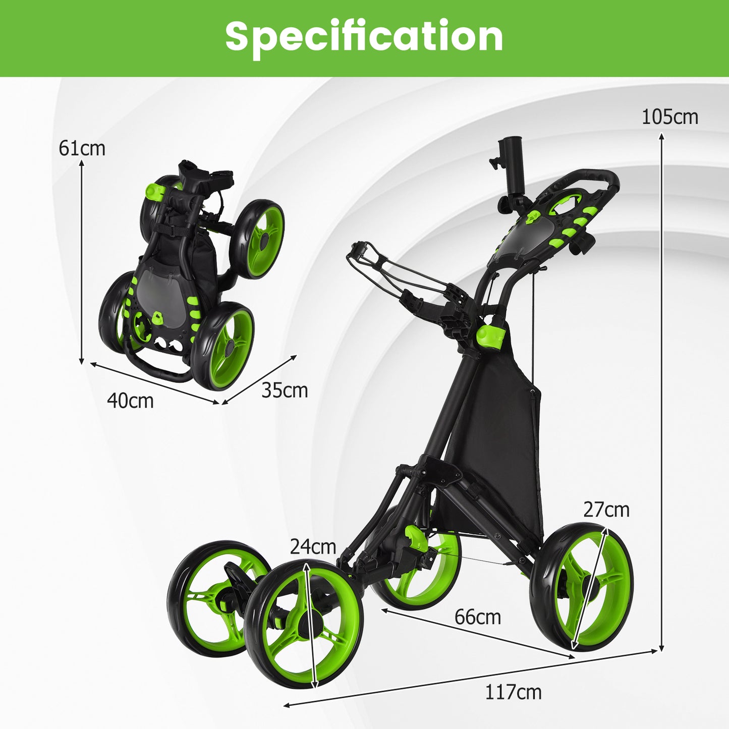 Folding 4 Wheel Golf Push Cart with Cooler Bag and Ample Storage Space-Green