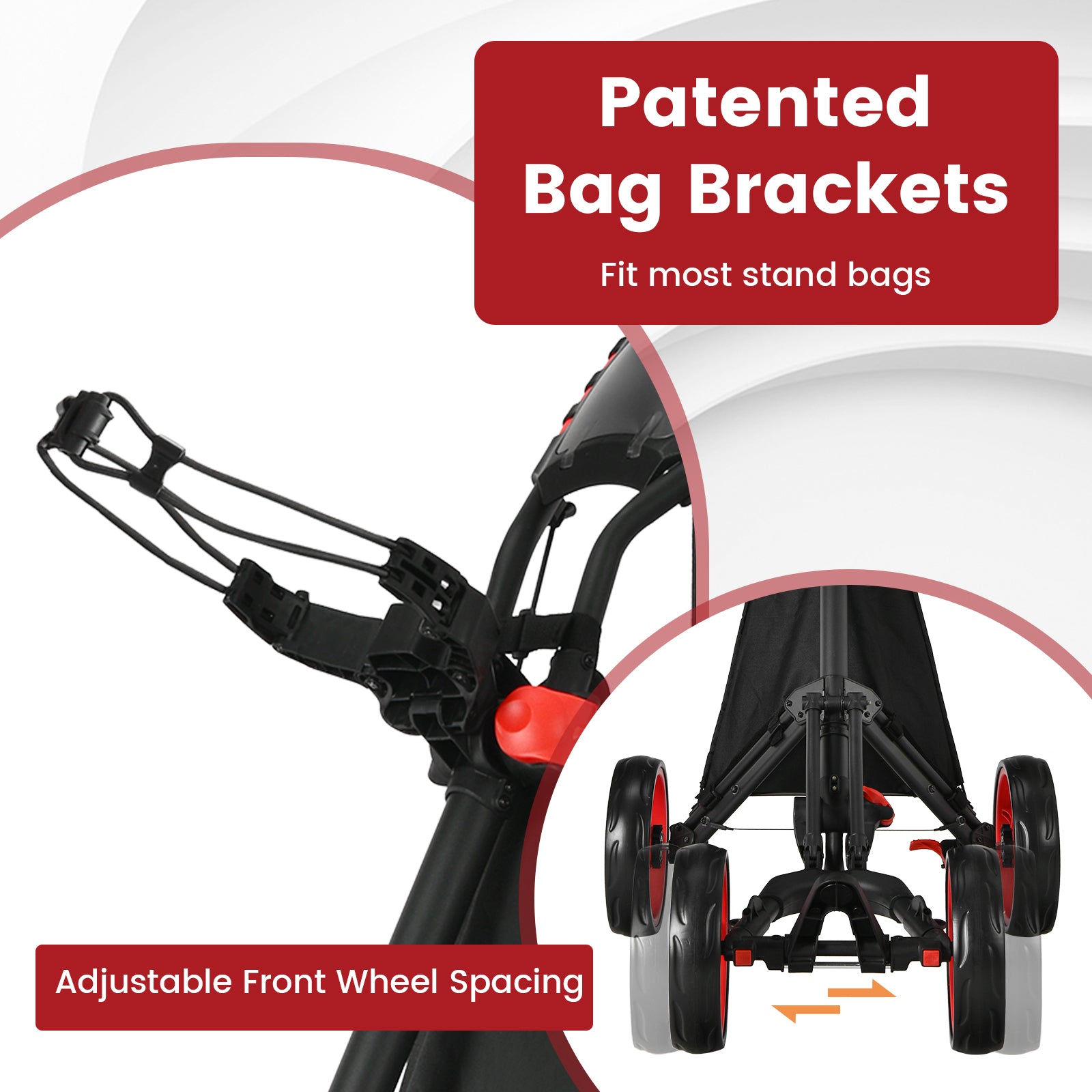 Folding 4 Wheel Golf Push Cart with Cooler Bag and Ample Storage Space-Red