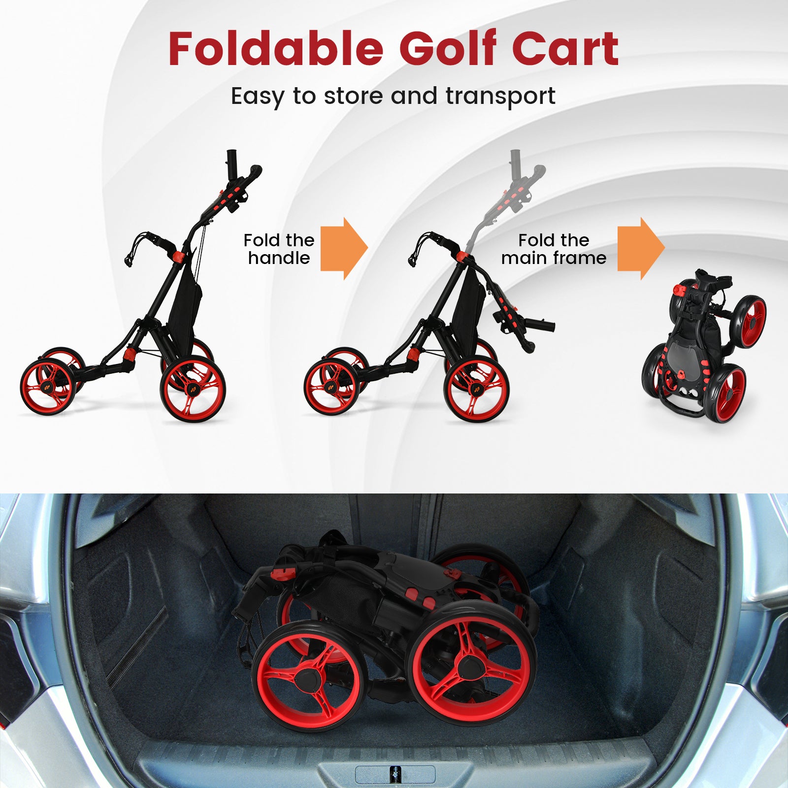 Folding 4 Wheel Golf Push Cart with Cooler Bag and Ample Storage Space-Red