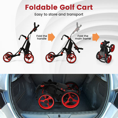 Folding 4 Wheel Golf Push Cart with Cooler Bag and Ample Storage Space-Red