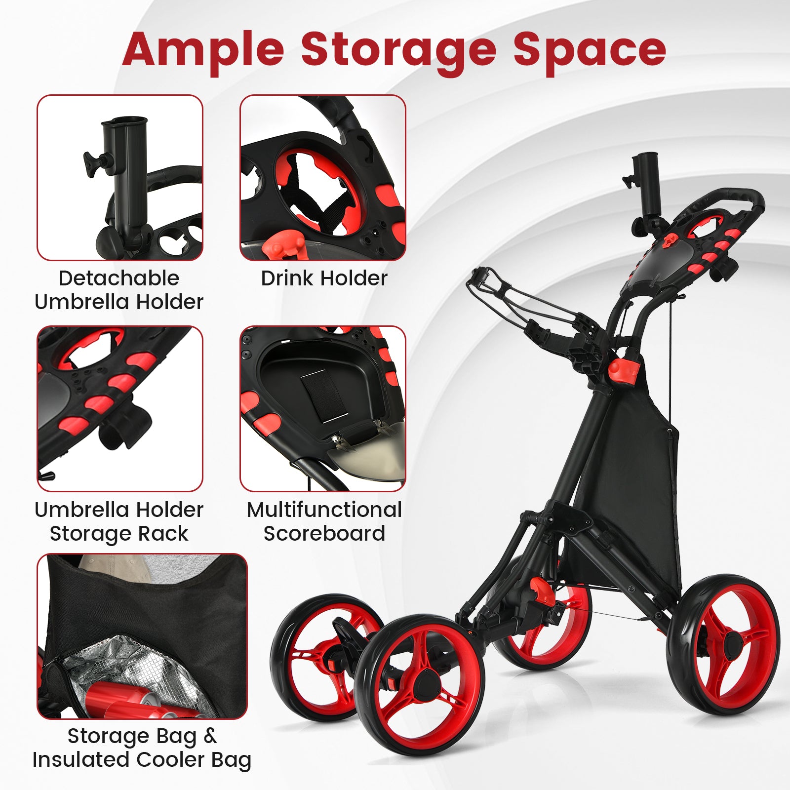 Folding 4 Wheel Golf Push Cart with Cooler Bag and Ample Storage Space-Red