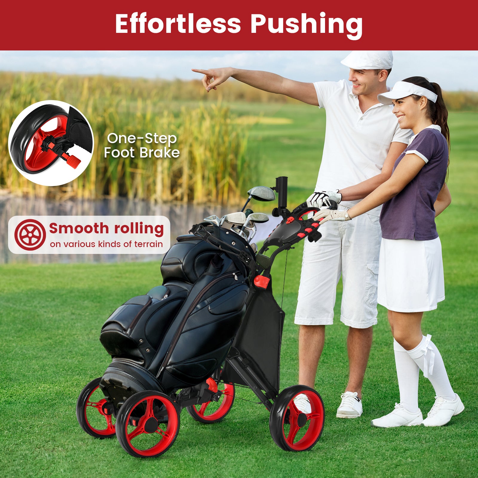 Folding 4 Wheel Golf Push Cart with Cooler Bag and Ample Storage Space-Red