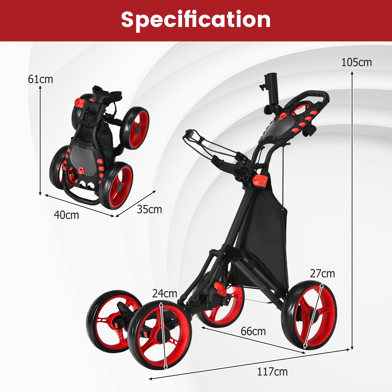 Folding 4 Wheel Golf Push Cart with Cooler Bag and Ample Storage Space-Red