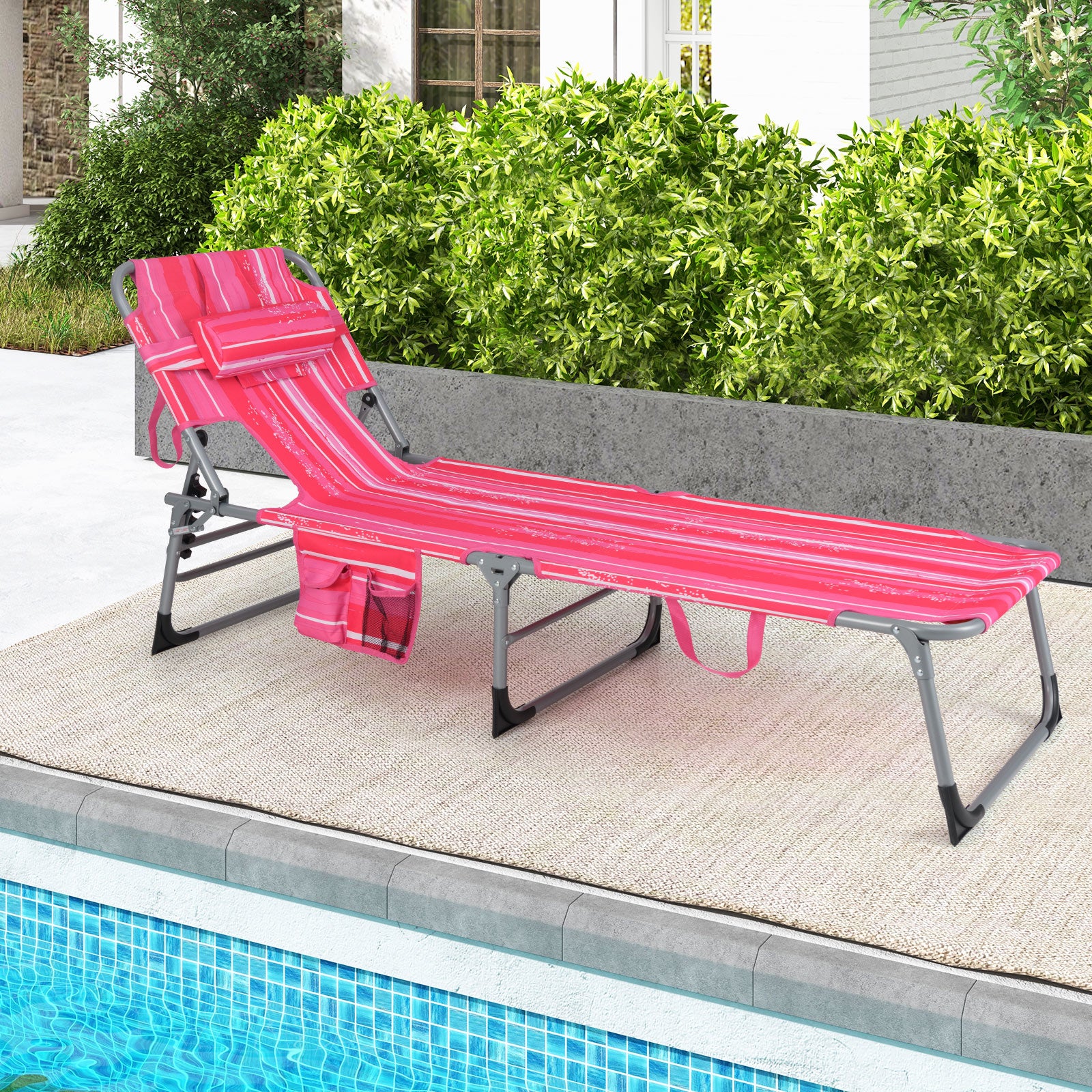 Folding Beach Lounge Chair with Pillow for Outdoor-Light Pink