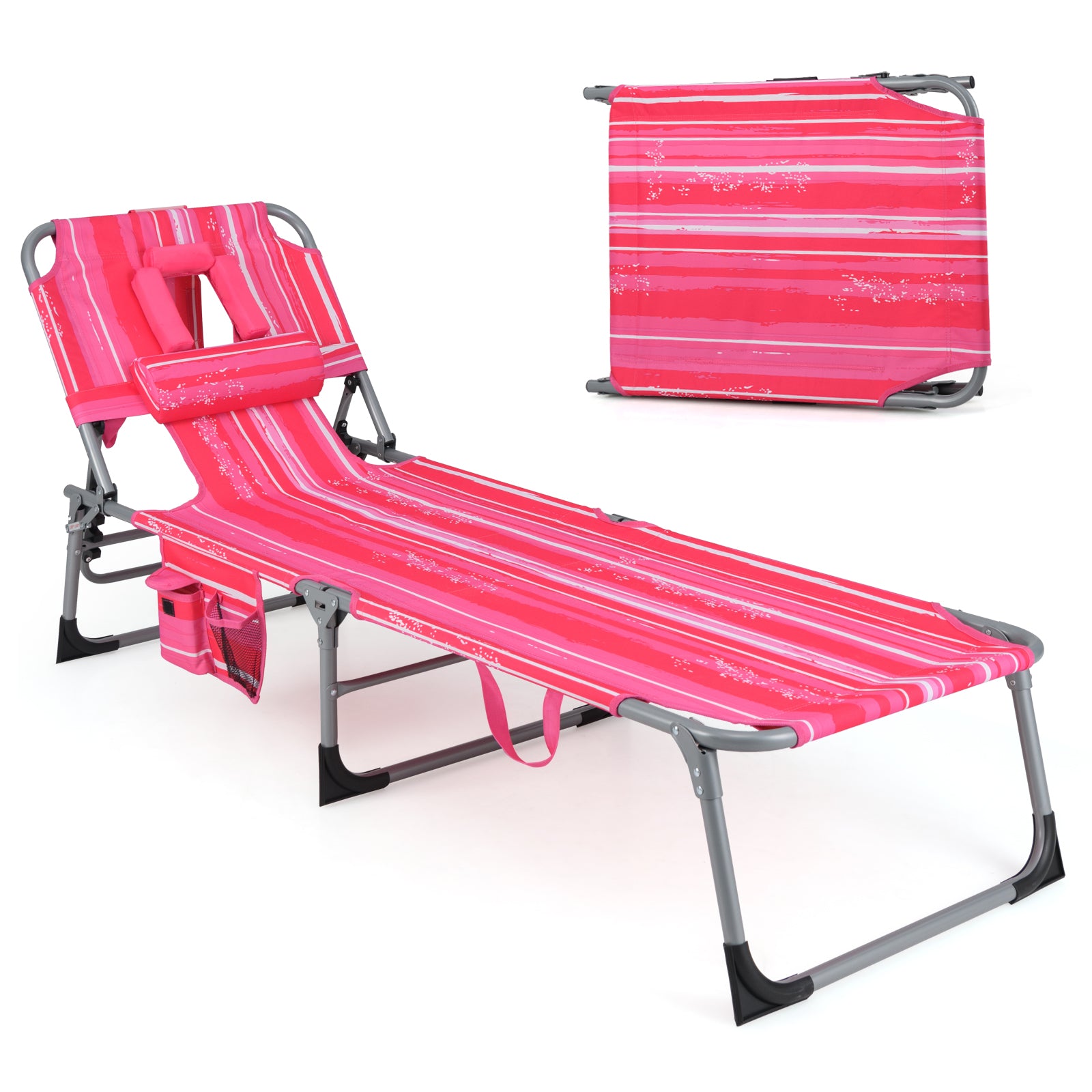 Folding Beach Lounge Chair with Pillow for Outdoor-Light Pink