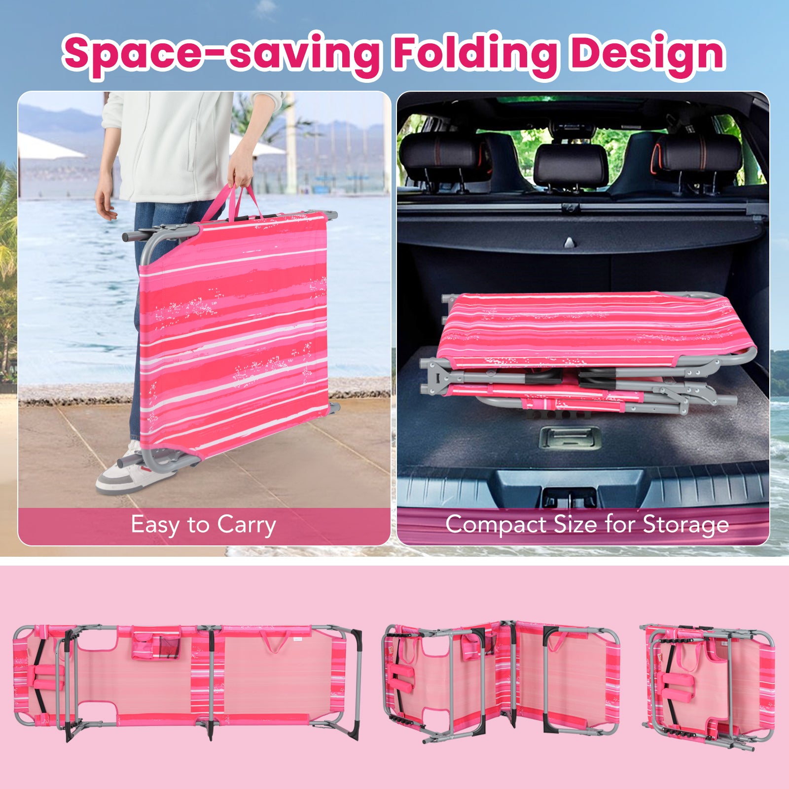 Folding Beach Lounge Chair with Pillow for Outdoor-Light Pink