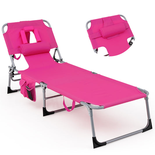 Folding Beach Lounge Chair with Pillow for Outdoor-Pink
