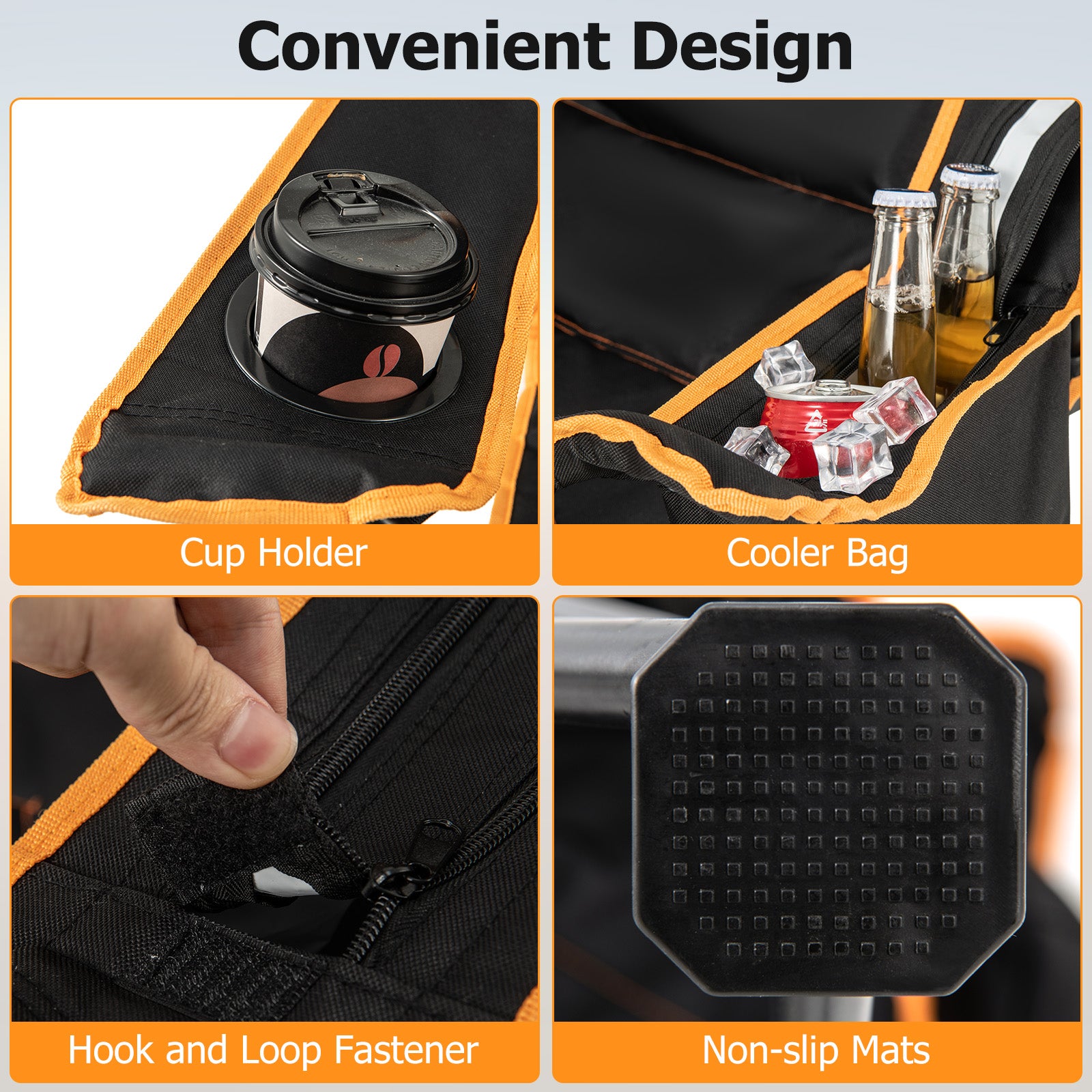 Folding Camping Chair Adjustable with Footrest and Cup Holder-Black