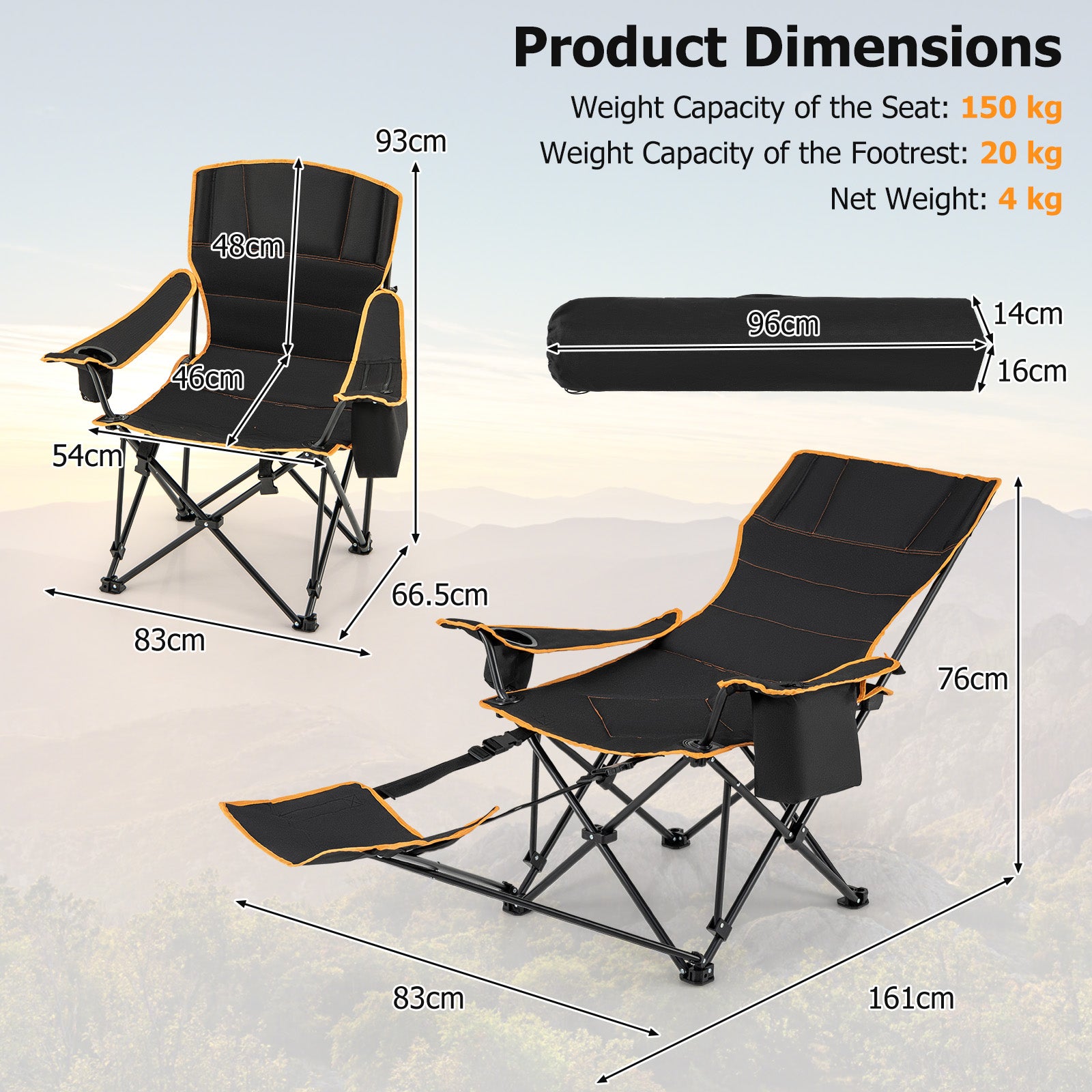Folding Camping Chair Adjustable with Footrest and Cup Holder-Black